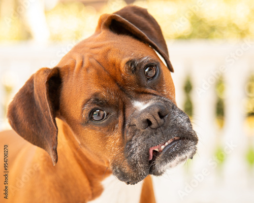 Close-up portrait of a boxer with a crooked smile cocking its head