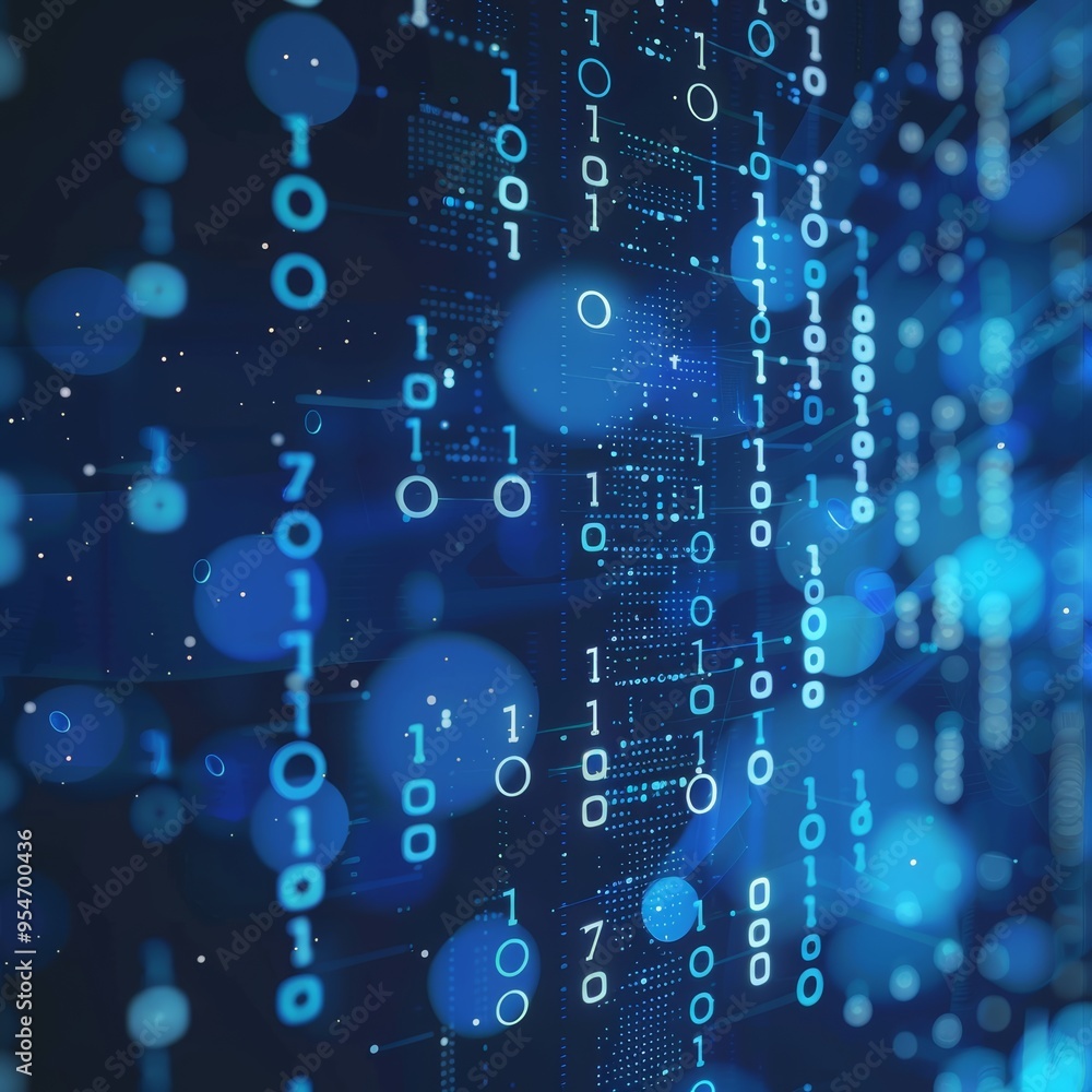 Fototapeta premium Abstract Technology Background With Binary Code And Glowing Blue Circles, Big Data Concept Design