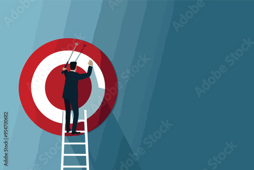 Businessman Climbs Ladder to Open Bullseye Door, Uncovering Secrets to Achieving Goals and Career Success photo