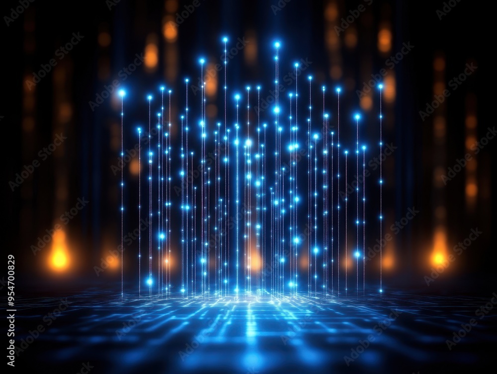 Vibrant blue particles cascade into a glowing backdrop, symbolizing data streams and digital connections in a futuristic setting. Vibrant blue particles cascade into a glowing backdrop, symbolizing data streams and digital connections in a futuristic setting.
