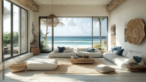 Modern beachside living room with ocean views and natural decor.
