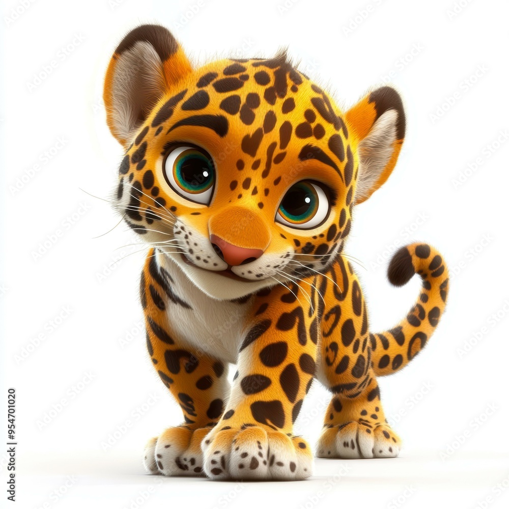 Fototapeta premium A cute animated baby cheetah with big eyes and a friendly expression stands adorably, perfect for children's books, educational materials, or cute animal-themed designs,