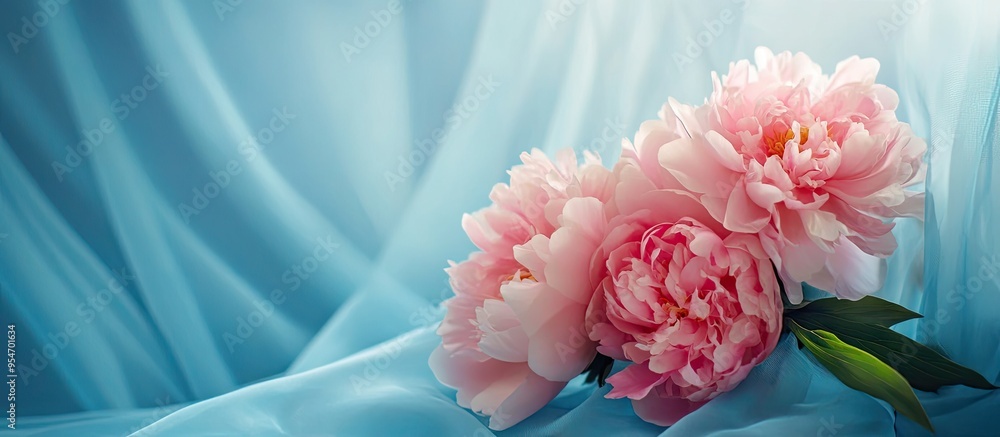 Lovely peony bouquet against a blue folding screen backdrop. with copy space image. Place for adding text or design Lovely peony bouquet against a blue folding screen backdrop. with copy space image. Place for adding text or design