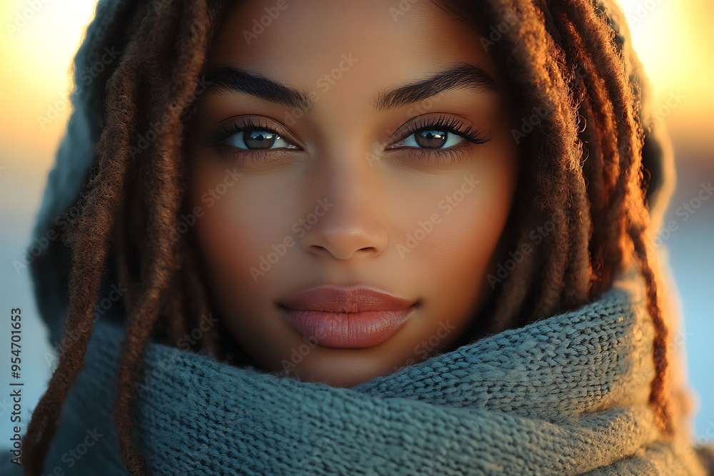 A close-up portrait of a woman with dreadlocks wrapped in a cozy scarf, outdoors. A close-up portrait of a woman with dreadlocks wrapped in a cozy scarf, outdoors.