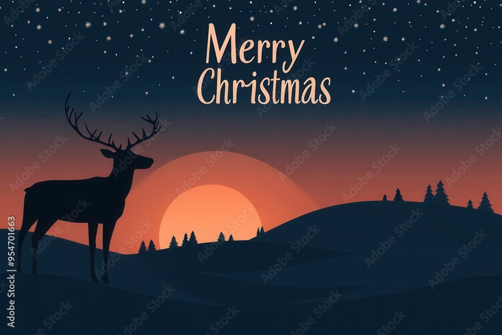 Fototapeta premium Reindeer Silhouettes Collage: Pictures of reindeer silhouettes against a sunset or moonlit background, with snow-covered hills. The text 