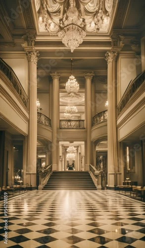 POV Walkthrough a Luxurious Lobby: A first-person view walking through a luxurious building lobby, showcasing opulent design and grandeur.