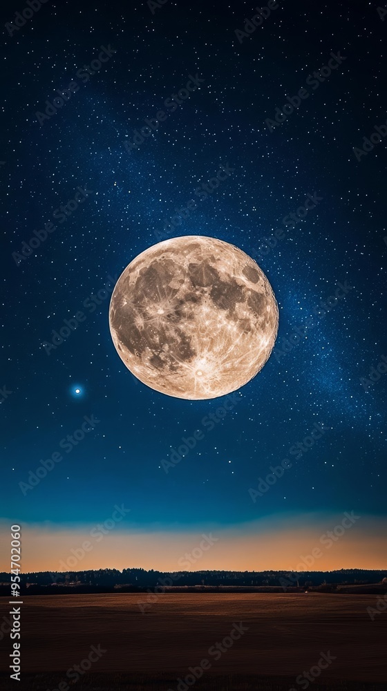 A stunning view of a full moon glowing against a starry night sky, casting a serene light over the tranquil landscape below. A stunning view of a full moon glowing against a starry night sky, casting a serene light over the tranquil landscape below.