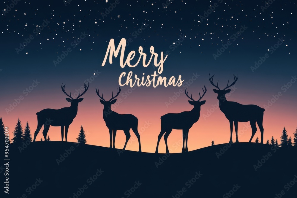 Reindeer Silhouettes Collage: Pictures of reindeer silhouettes against a sunset or moonlit background, with snow-covered hills. The text Reindeer Silhouettes Collage: Pictures of reindeer silhouettes against a sunset or moonlit background, with snow-covered hills. The text