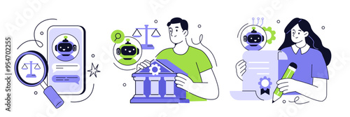 Lawyer, attorney, judge use ai assistant, robot to provide legal advice, consultation. Artificial intelligence technology in law, justice, tax, finance. Vector illustration.
