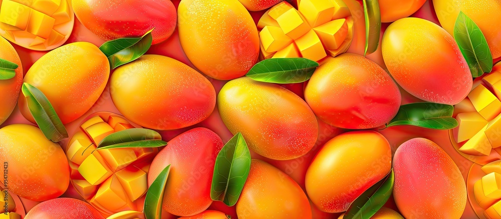 Flat lay arrangement featuring mangoes on a colored background. with copy space image. Place for adding text or design Flat lay arrangement featuring mangoes on a colored background. with copy space image. Place for adding text or design