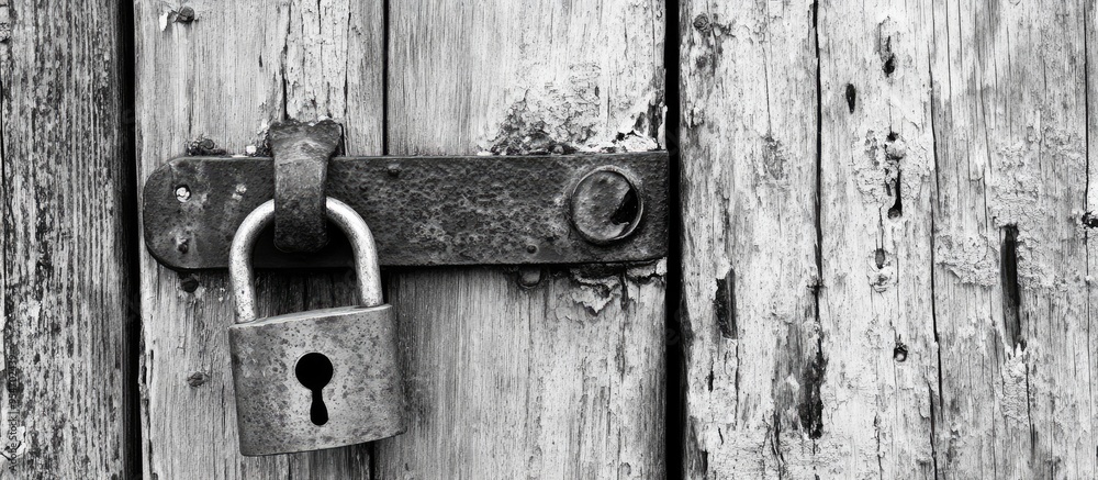 A rusty padlock on an aged painted wooden gate Black and white. with copy space image. Place for adding text or design A rusty padlock on an aged painted wooden gate Black and white. with copy space image. Place for adding text or design