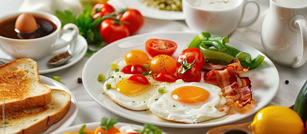 Nutritious breakfast on a white plate. with copy space image. Place for adding text or design Nutritious breakfast on a white plate. with copy space image. Place for adding text or design