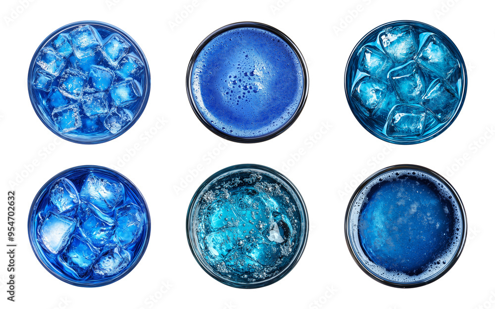 a set glass of blue drinks isolated on a transparent or white background, top view, cut-out, PNG a set glass of blue drinks isolated on a transparent or white background, top view, cut-out, PNG
