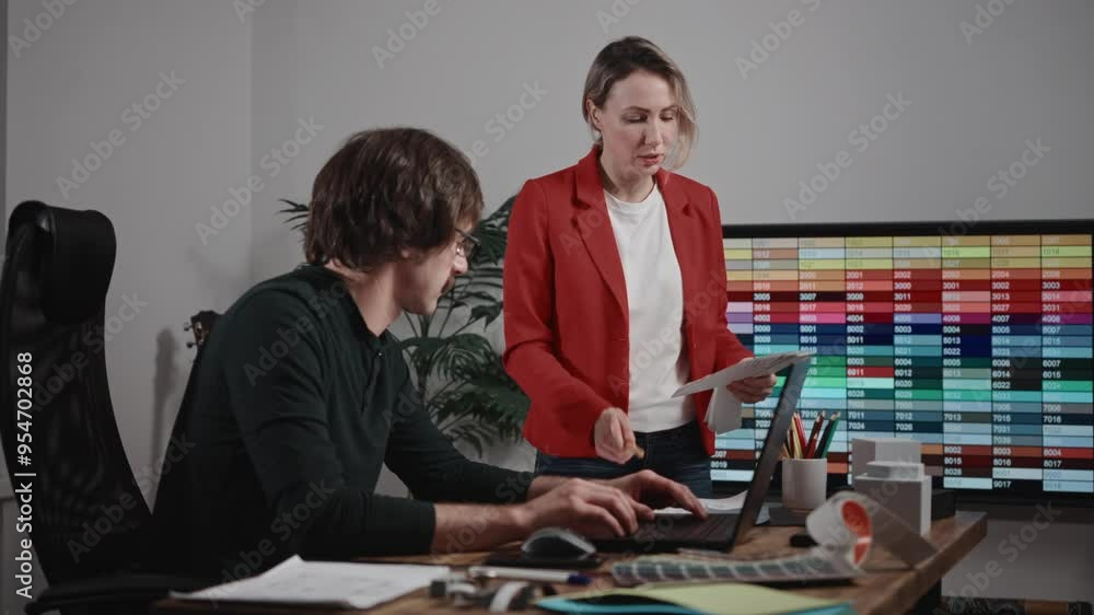 Colleagues working in a design and architecture studio. A woman interior designer in a red jacket and glasses is discussing a project with a male architect. The workspace features palettes Colleagues working in a design and architecture studio. A woman interior designer in a red jacket and glasses is discussing a project with a male architect. The workspace features palettes