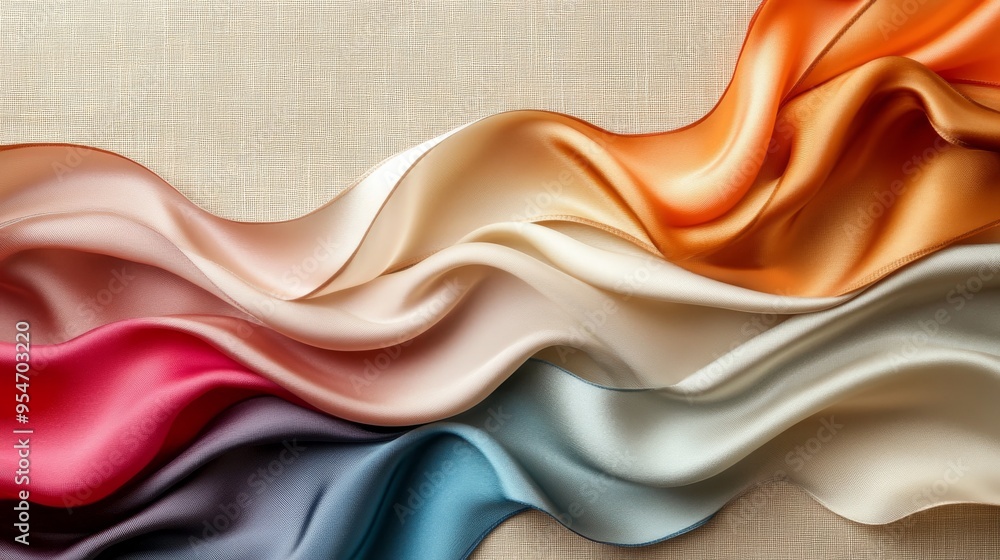 Fototapeta premium Wavy Multicolored Satin Fabric Draped Over Textured Background