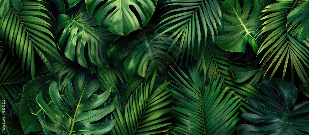 Tropical backdrop featuring a palm leaf on green Flat lay copyspace Tropical backdrop featuring a palm leaf on green Flat lay copyspace