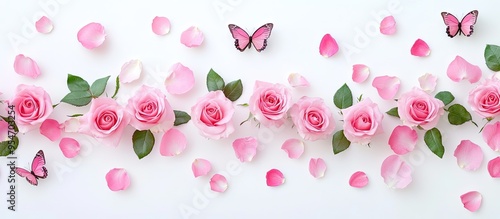 pink roses petals and butterfly garland in a vertical repeating pattern studio shot isolated on white. with copy space image. Place for adding text or design