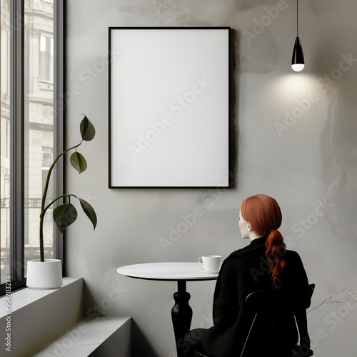 Customizable mockup of a 3x4 black vertical frame with a person in a modern cafe interior. Woman in a cafe decorated with a framed artwork. Poster, art print, wall art mockup. photo