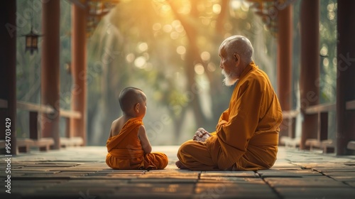 A young boy sits next to an older man in orange robes photo