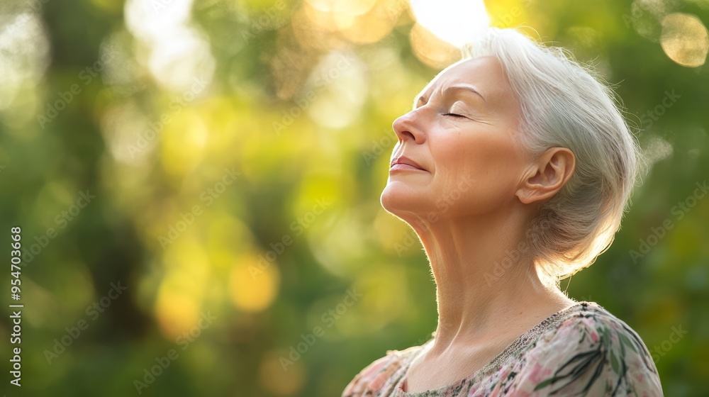 Caucasian elderly woman breathing a fresh air in the park, meditation, blurred green background Caucasian elderly woman breathing a fresh air in the park, meditation, blurred green background