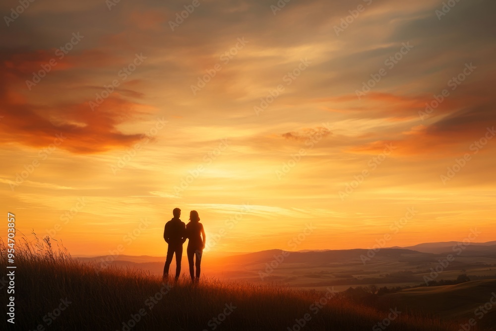 A couple stands together at sunset, silhouetted against a colorful sky. This romantic scene captures love and connection in nature. Perfect for wall art or greeting cards. Generative AI A couple stands together at sunset, silhouetted against a colorful sky. This romantic scene captures love and connection in nature. Perfect for wall art or greeting cards. Generative AI