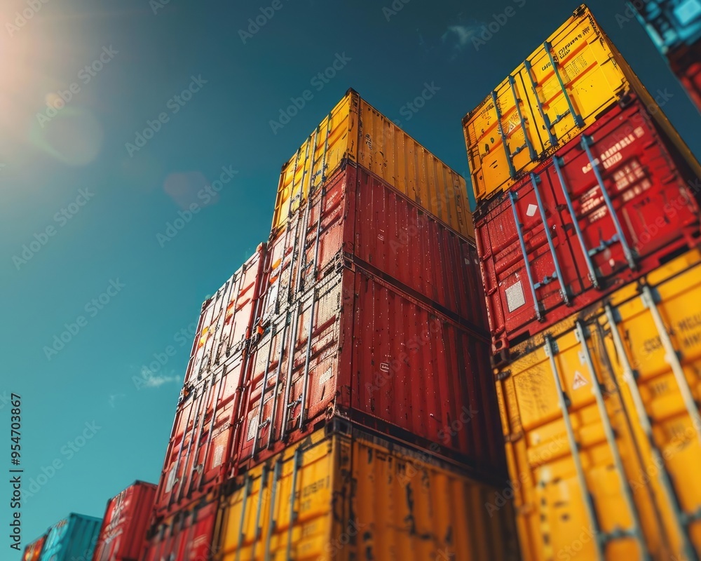Fototapeta premium Stacked Cargo Containers Against Blue Sky.