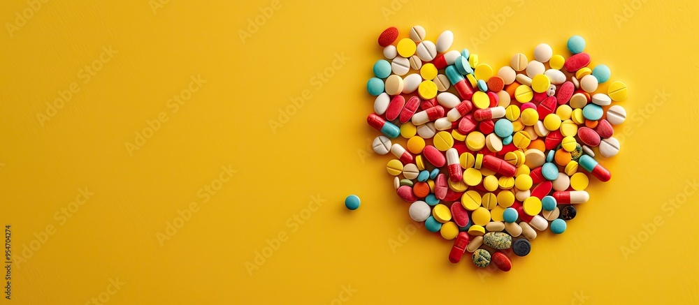A heart formed from tablets and pills on a yellow background A variety of pharmaceutical medicine pills tablets capsules and a bottle on a yellow background Top view Flat lay Copyspace Medicine conce A heart formed from tablets and pills on a yellow background A variety of pharmaceutical medicine pills tablets capsules and a bottle on a yellow background Top view Flat lay Copyspace Medicine conce