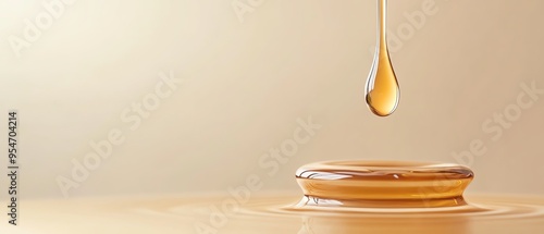 Golden honey droplet falling gently, creating a ripple on a smooth surface, capturing the essence of natural sweetness and serenity.