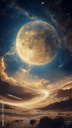 A stunning celestial landscape featuring a massive moon and swirling clouds, capturing the beauty of the cosmos at dusk.
