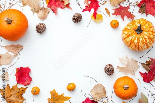 Banner for Thanksgiving Day with Pumpkin and autumn dry leaves,squash on white background. View from above. Copy space with generative ai