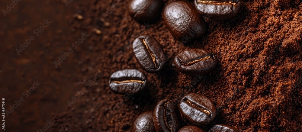 Freshly ground coffee and coffee beans for the morning meal. with copy space image. Place for adding text or design Freshly ground coffee and coffee beans for the morning meal. with copy space image. Place for adding text or design
