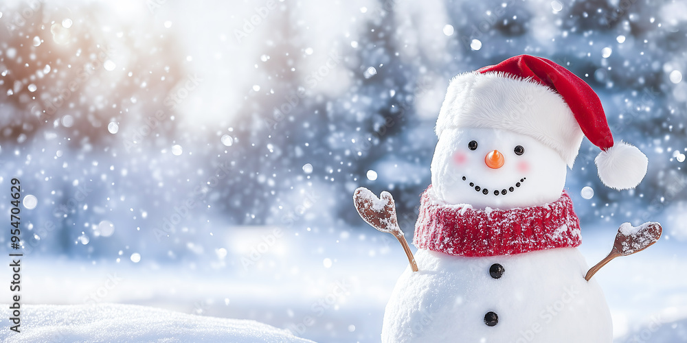 Fototapeta premium Cute funny snowman with red hat and scarf against winter holiday landscape with bokeh lights. Holiday Merry Christmas greeting card with copy space.