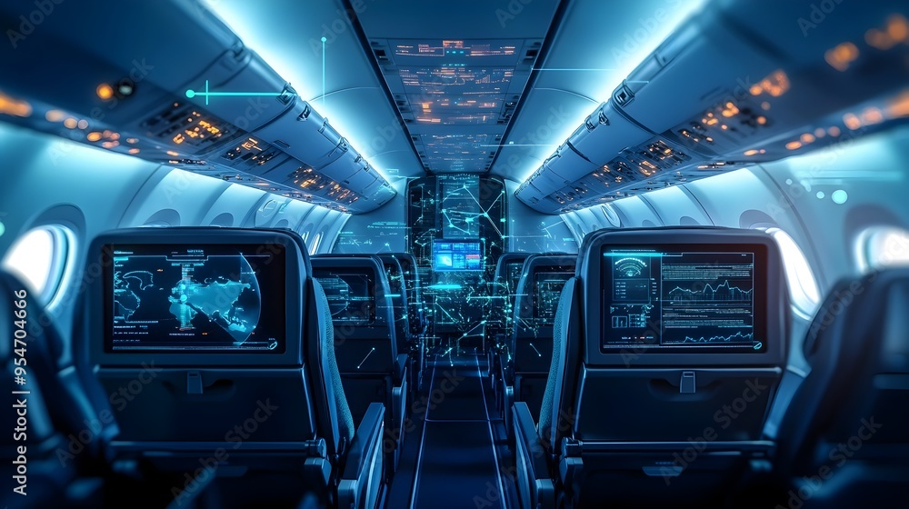 Smart IoT sensors and devices continuously monitoring environmental conditions in an aircraft cabin ensuring optimal passenger comfort through real time data analytics and environmental controls Smart IoT sensors and devices continuously monitoring environmental conditions in an aircraft cabin ensuring optimal passenger comfort through real time data analytics and environmental controls