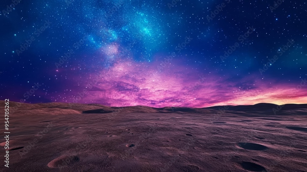 A breathtaking view of an otherworldly landscape under a starry night sky filled with vibrant colors and cosmic wonders.