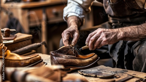 A shoemaker repairs boots in his small workshop. Small business owner and craftsman. An experienced shoemaker creates retro leather shoes in his comfortable workshop. Custom-made shoes made to measure