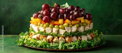 The famous Tiffany layered salad features grapes chicken and cheese set against a green background Its name comes from the nickname of the woman who shared the salad recipe on a culinary website