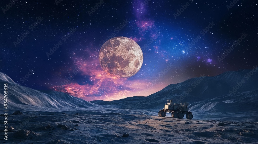 A stunning moonlit landscape featuring a lunar rover on the moon, set against a backdrop of a colorful galaxy and starry sky. A stunning moonlit landscape featuring a lunar rover on the moon, set against a backdrop of a colorful galaxy and starry sky.