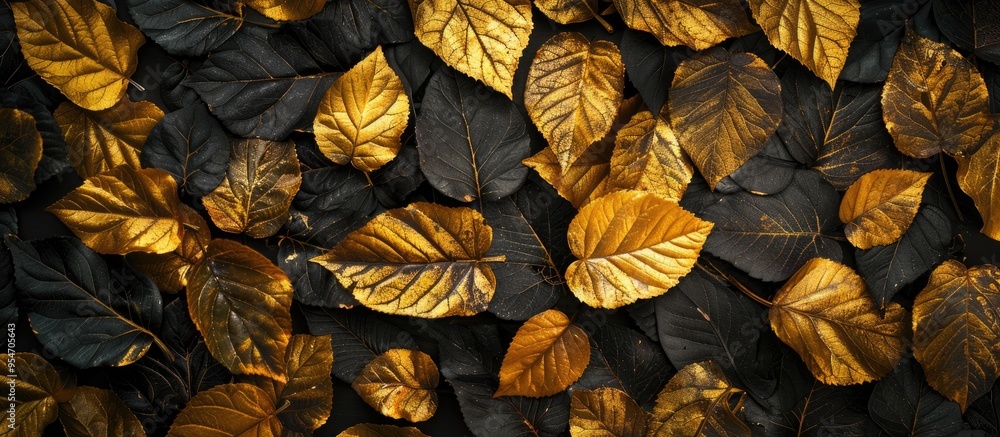 Fototapeta premium The golden leaves are arranged against a black background. with copy space image. Place for adding text or design
