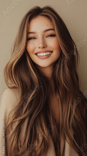 The woman displays a bright smile, showcasing her flowing hair and charismatic personality in a soft-toned setting