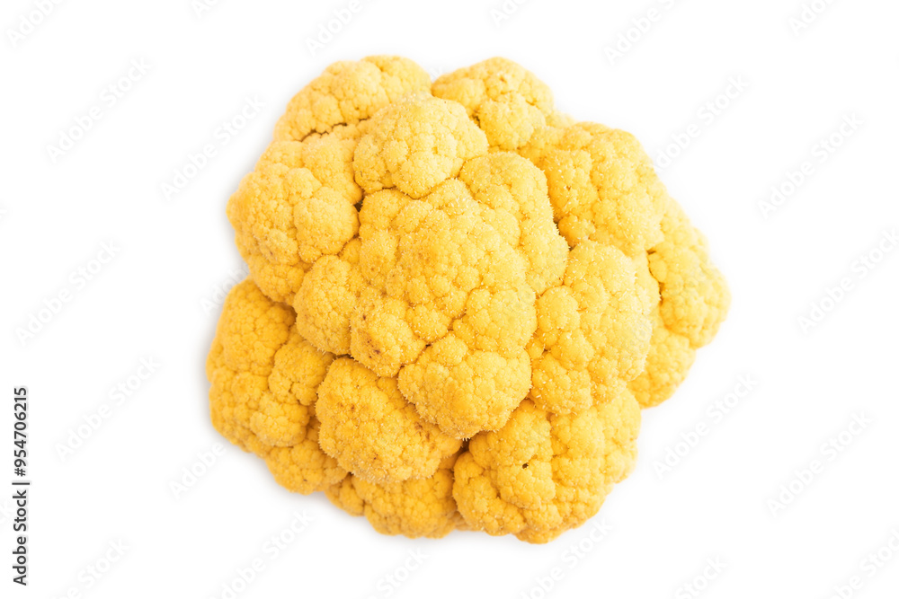 Yellow Cauliflower isolated on white, Top view, copy space Yellow Cauliflower isolated on white, Top view, copy space