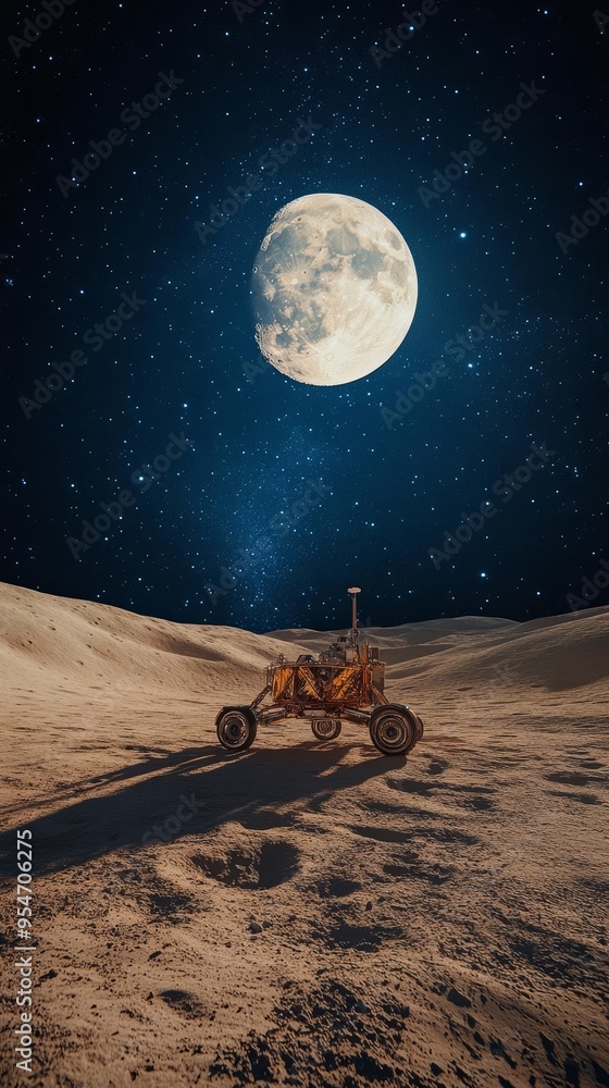Obraz premium A lunar rover explores the moon's surface under a bright full moon, surrounded by a starry sky and lunar landscape.