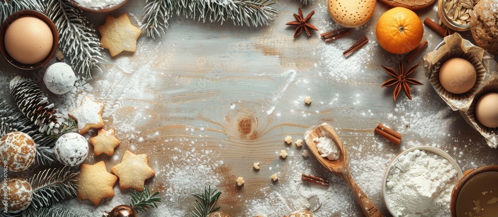 Fototapeta premium Christmas baking backdrop featuring a fir tree created from kitchen tools fir branches and baking ingredients Top view Copyspace
