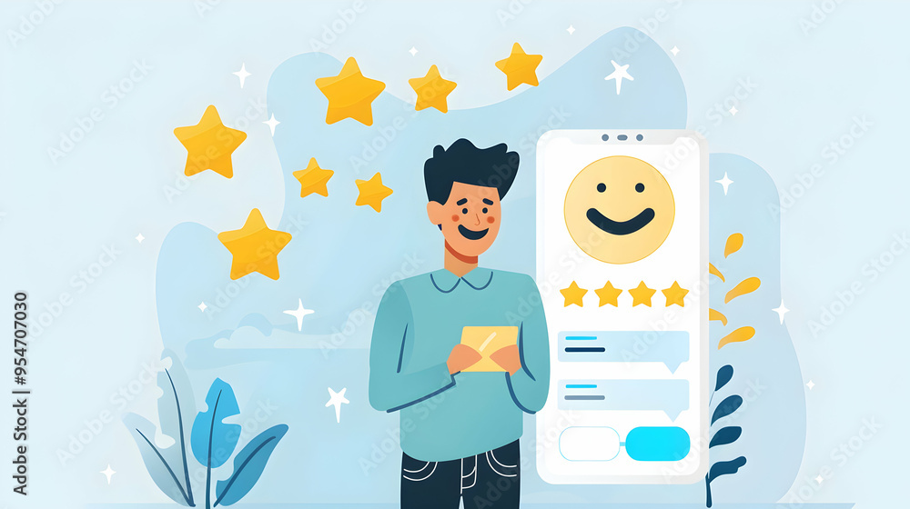 Customer satisfaction service concept. Businessman rate satisfaction by smiling face and 5-star satisfaction, on online application. satisfaction feedback review, good quality most. Customer satisfaction service concept. Businessman rate satisfaction by smiling face and 5-star satisfaction, on online application. satisfaction feedback review, good quality most.