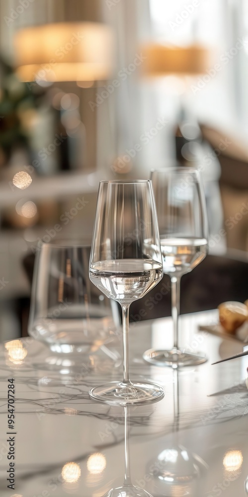 2 Stylish water glasses, various sizes, smooth rim, bright dining room 2 Stylish water glasses, various sizes, smooth rim, bright dining room