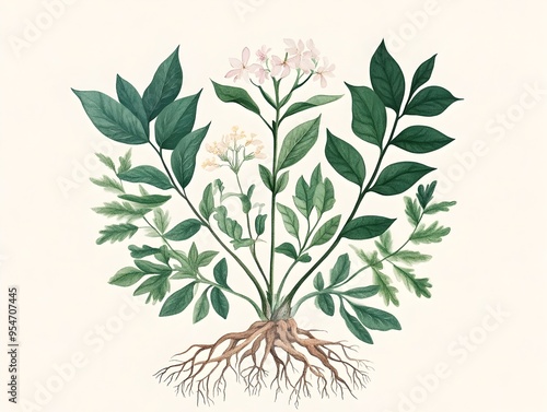 botanical of a plant with detailed roots,stems,leaves,and flowers