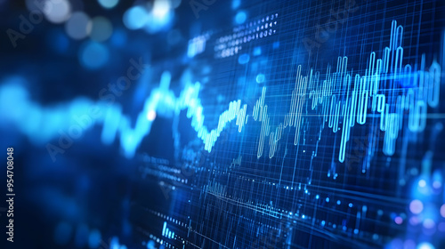 Detailed financial chart highlighting a bullish trend on a vibrant blue digital screen, ,