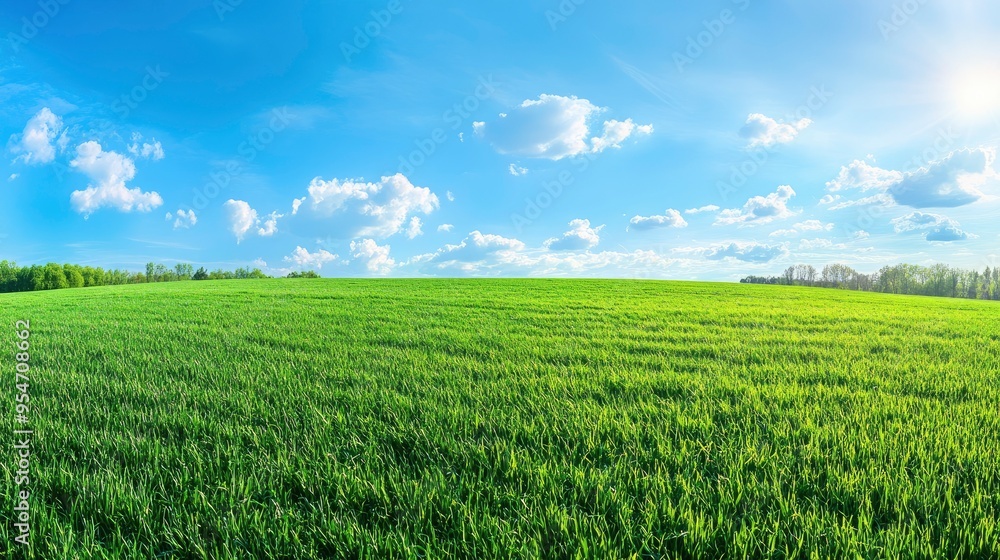 Obraz premium Beautiful natural scenic panorama green field of cut grass into and blue sky with clouds on horizon. Perfect green lawn on summer sunny day with generative ai