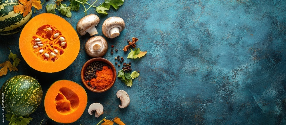 Ingredients for making Indian curry using vegetables pumpkins and mushrooms on a blue background along with spices Captured from above copy space Ingredients for making Indian curry using vegetables pumpkins and mushrooms on a blue background along with spices Captured from above copy space