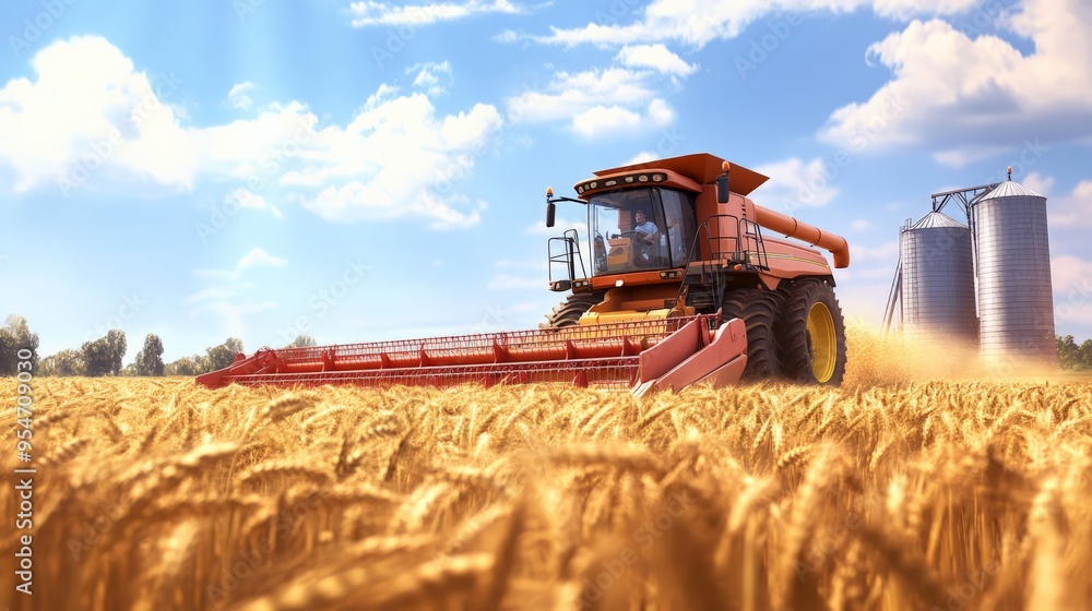 Obraz premium A powerful combine harvester in a golden wheat field under a blue sky with silos in the background, exemplifying modern agricultural practices.