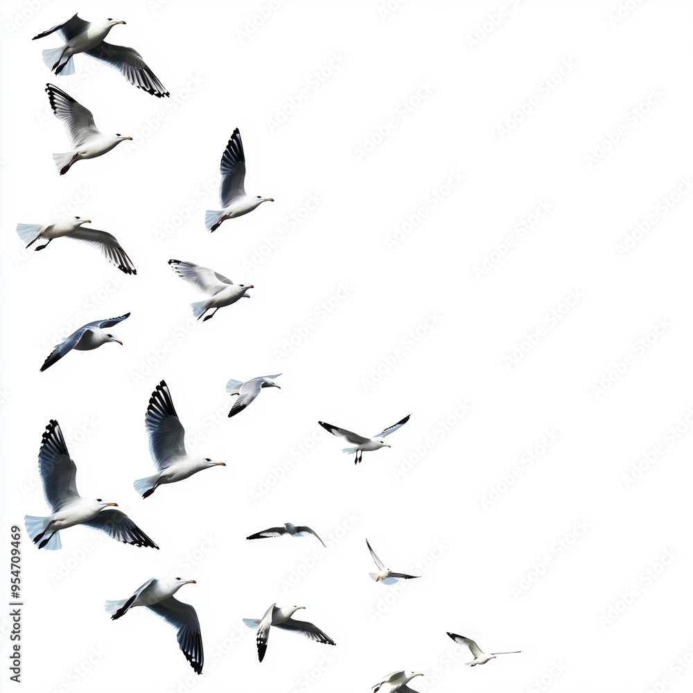 Obraz premium Flying birds border with white isolated background.